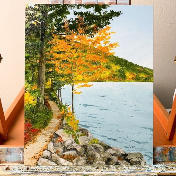 Original Oil Landscape Painting Autumn Landscape Acadia Jordan Pond Signed 8x10" - Picture 2 of 7